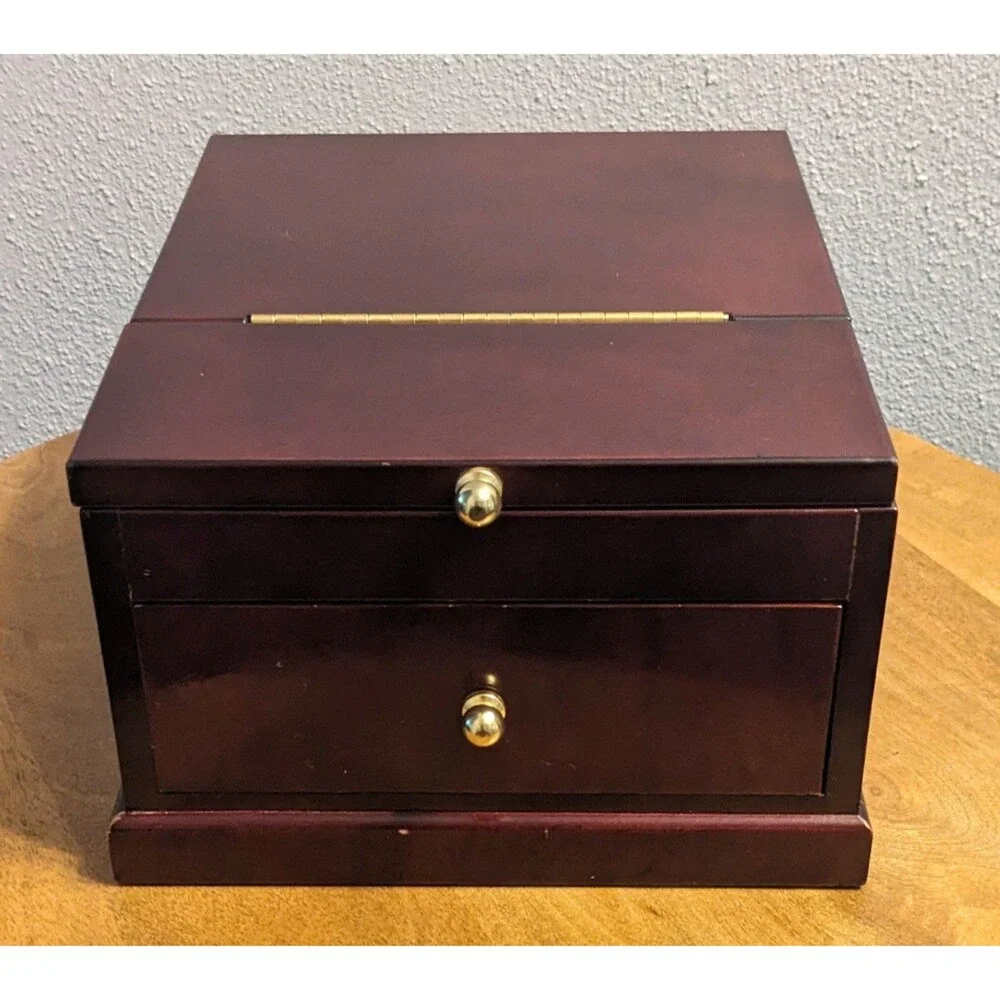Vintage Solid Wood Jewelry Box Cherry Finish Pink Velvet Lining Flip Up Mirror